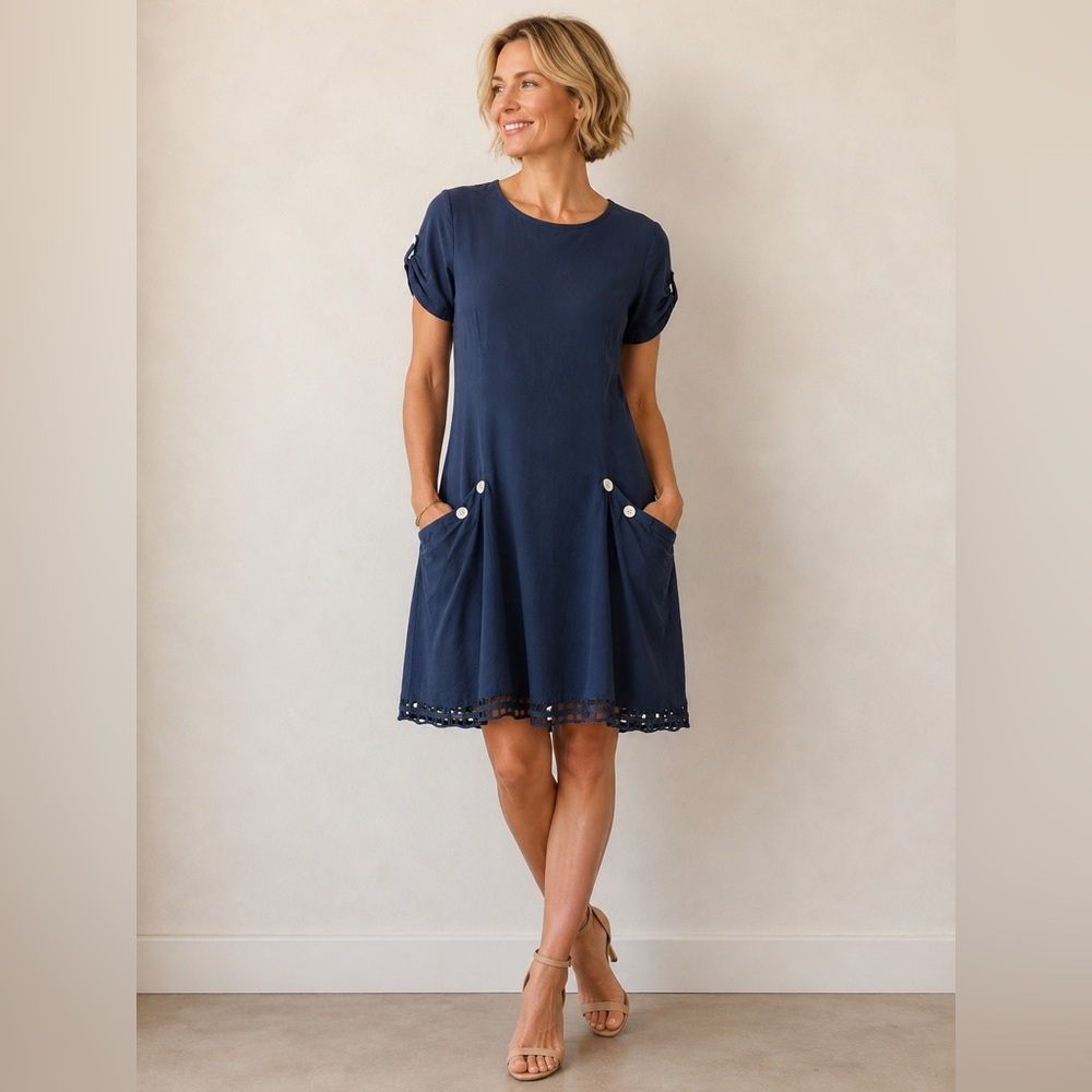 Misslook Women's Navy‎ Cotton Deep PocketDress  Casual Lagenlook Lace Hem Size L
